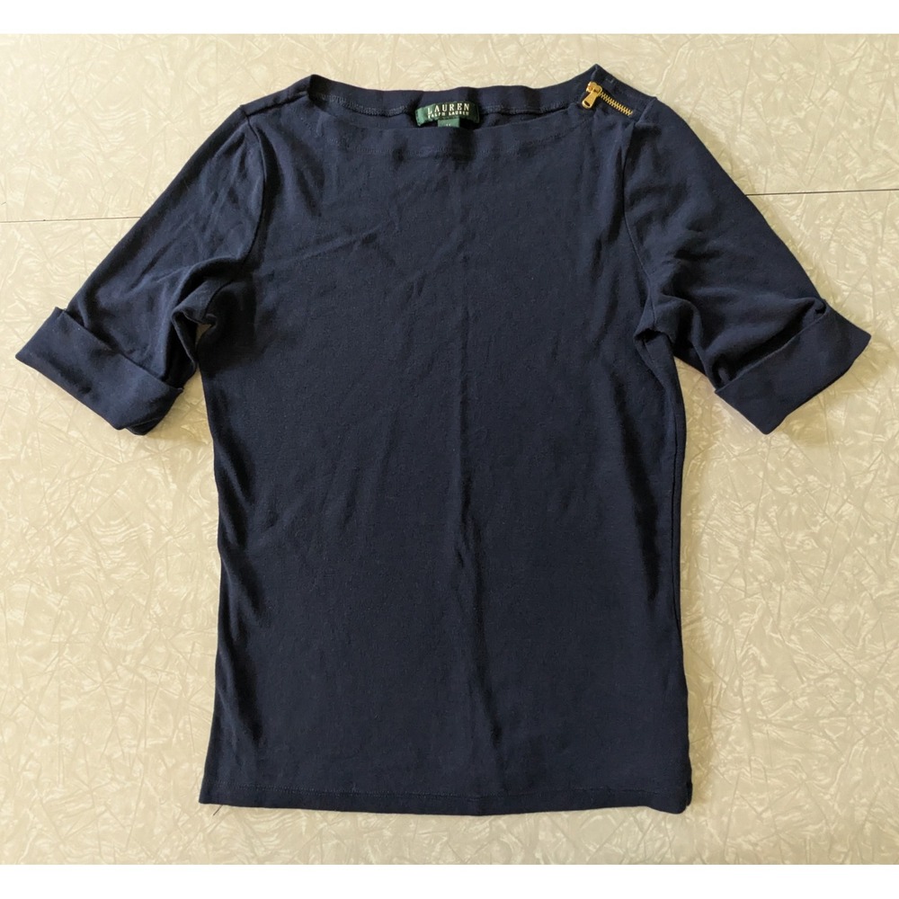 Lauren Ralph Lauren Navy Blue‎ Cotton Boat Neck Top Gold Shoulder Zip Womens M